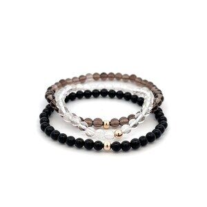 Onyx Smoky & Clear Quartz Gemstone Stretch Bracelet with 14K Gold Accent Bead Ha